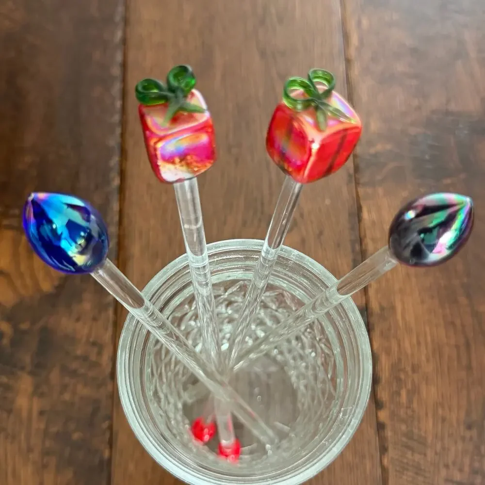 Vintage Set of 4 Glass Christmas Swizzle Sticks – Present & Light Bulb Stirrers